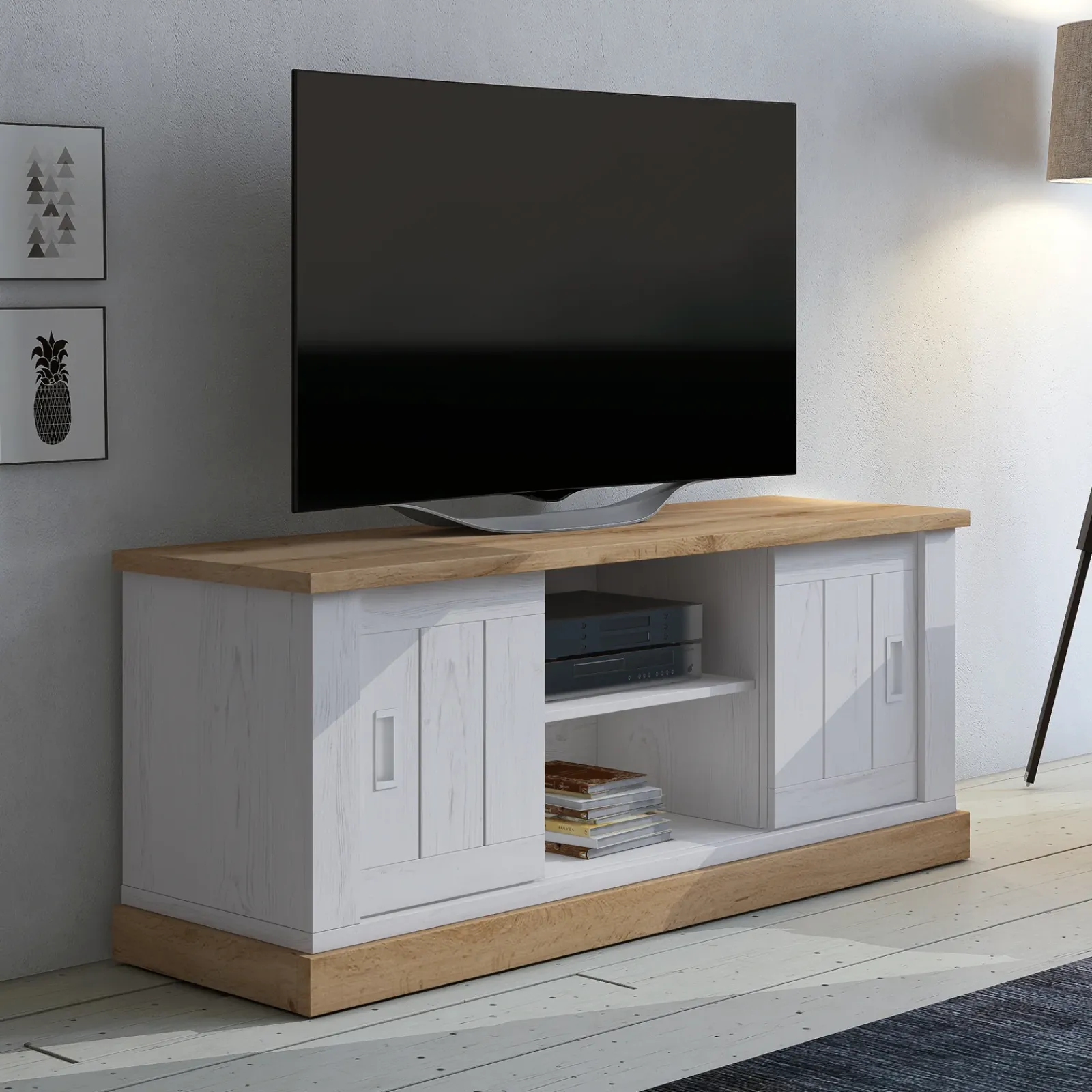 Garnero Arredamenti Mobili Tv Moderni|Mobile Tv Moderno-Mobile porta TV 145x60h cm 2 ante scorrevoli 2 vani a giorno bianco frassinato rovere Islen Bianco Opaco - Rovere