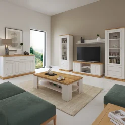 Garnero Arredamenti Mobili Tv Moderni|Mobile Tv Moderno-Mobile porta TV 145x60h cm 2 ante scorrevoli 2 vani a giorno bianco frassinato rovere Islen Bianco Opaco - Rovere