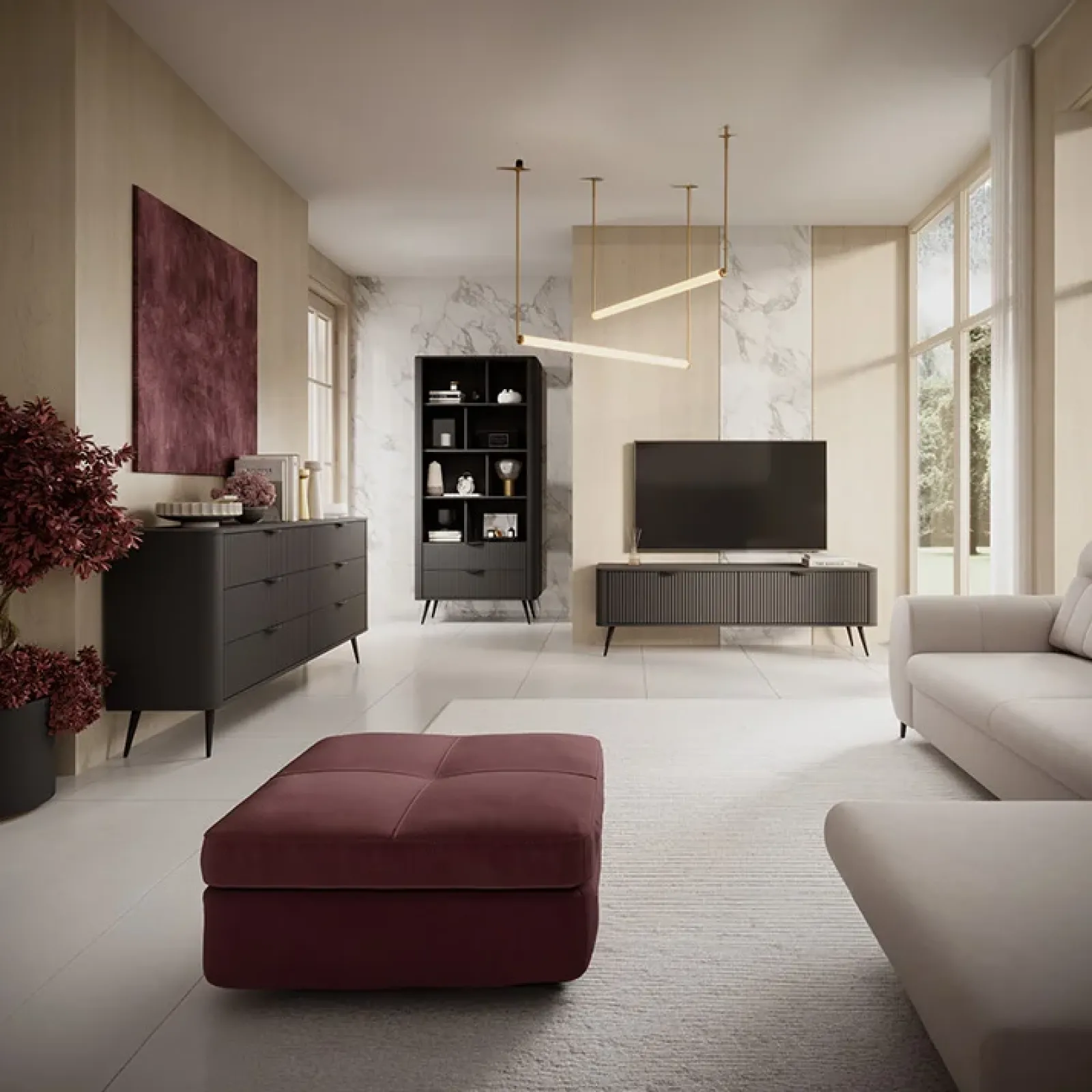 Garnero Arredamenti Mobile Tv Basso-Mobile porta TV 200x51h cm 2 ante cannettato Ramis Nero Opaco