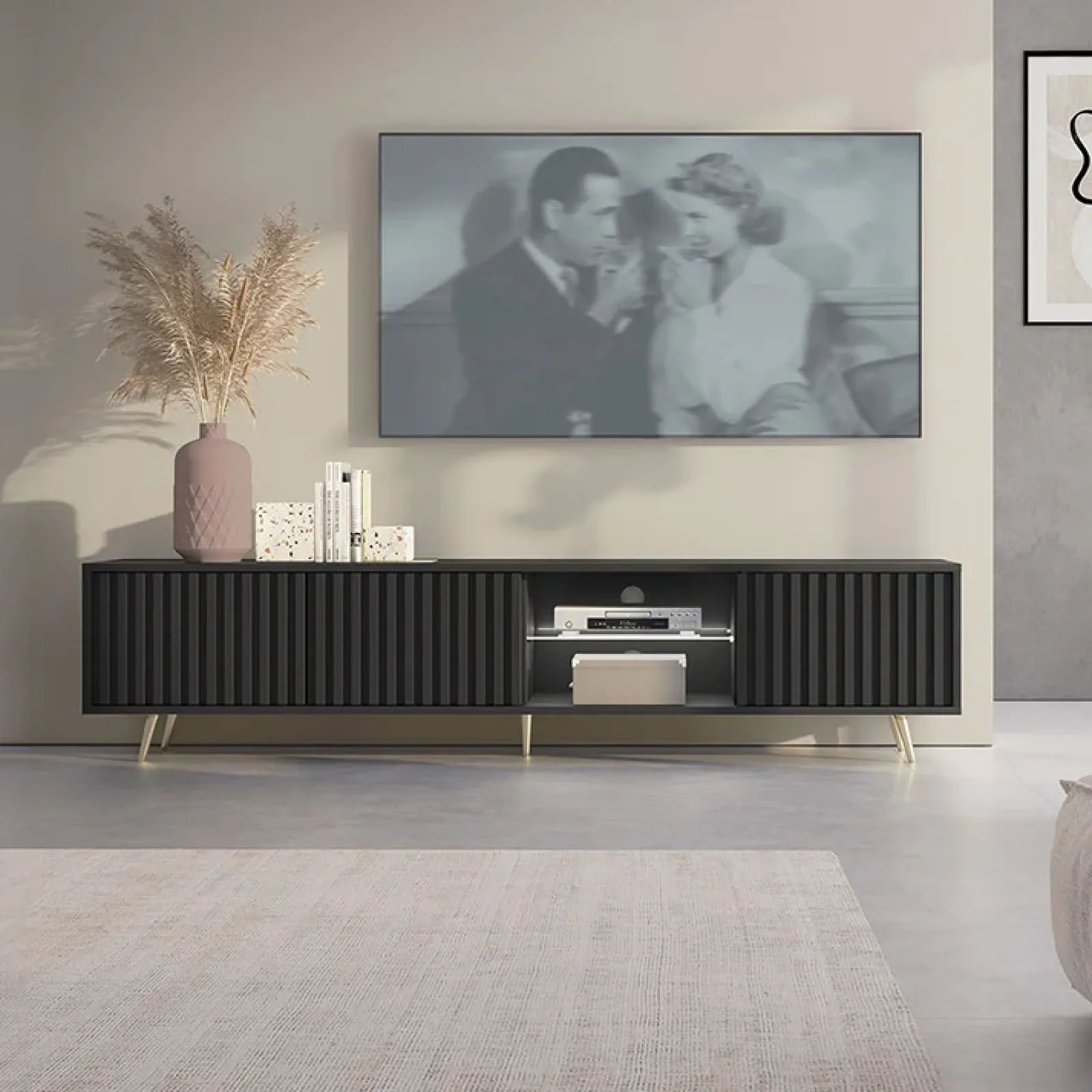 Garnero Arredamenti Mobile Tv Basso|Mobili Tv Moderni-Mobile porta TV 175x45h cm 3 ante e vani a giorno nero Celestia Nero Opaco