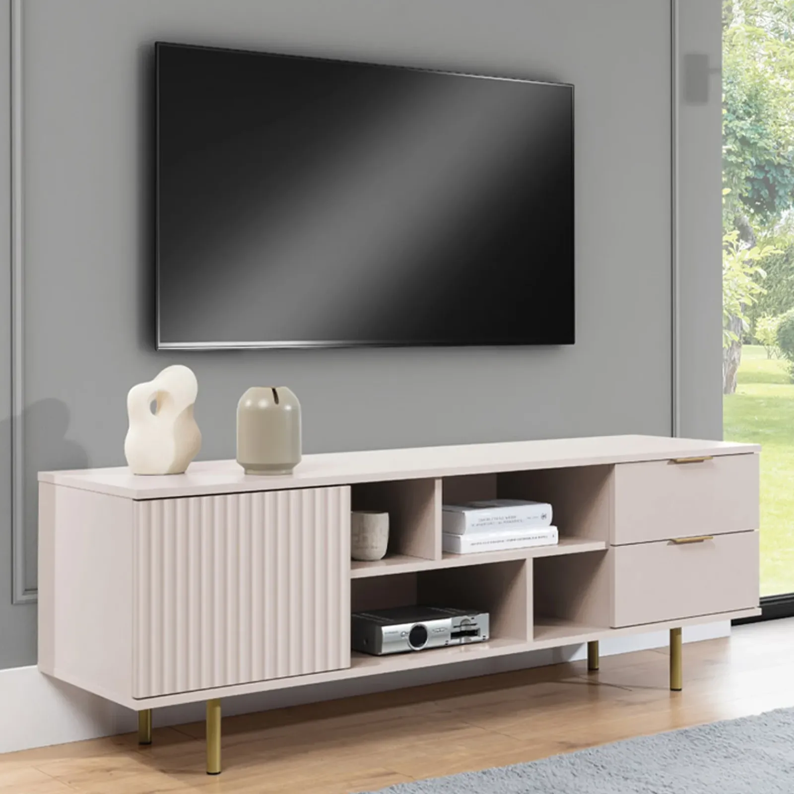 Garnero Arredamenti Mobili Tv Moderni|Mobile Tv Moderno-Mobile porta tv 150x52h cm 1 anta 2 cassetti cannettato moderno beige Vanessa