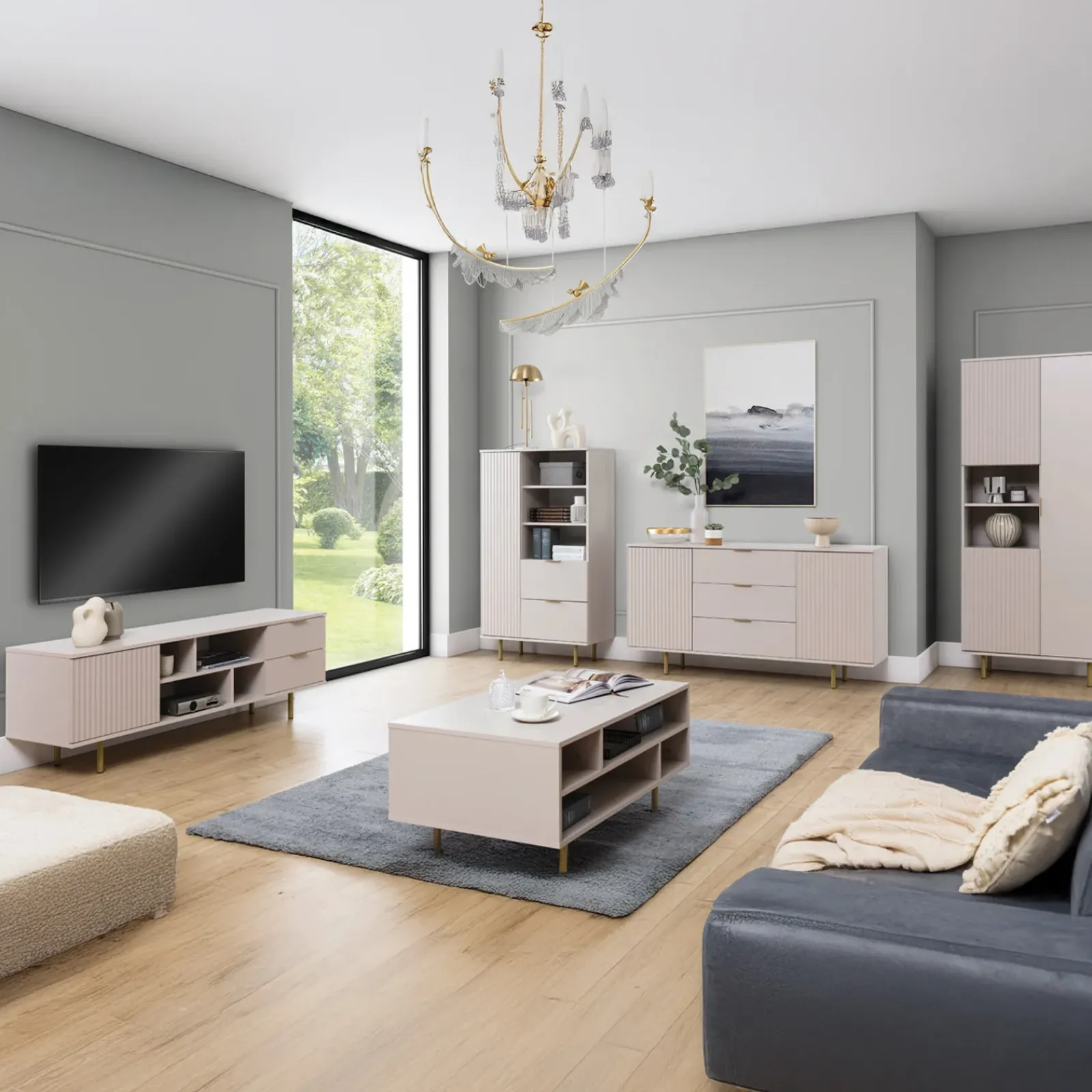 Garnero Arredamenti Mobili Tv Moderni|Mobile Tv Moderno-Mobile porta tv 150x52h cm 1 anta 2 cassetti cannettato moderno beige Vanessa