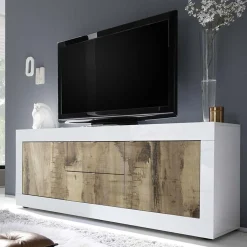 Garnero Arredamenti Mobile Tv Basso|Mobili Tv Moderni-Mobile porta TV 210x66h cm 2 ante 2 cassetti bianco lucido pero Eternity Rovere - Bianco Lucido