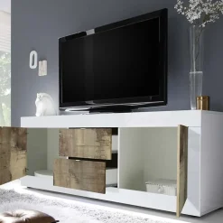 Garnero Arredamenti Mobile Tv Basso|Mobili Tv Moderni-Mobile porta TV 210x66h cm 2 ante 2 cassetti  bianco lucido pero Eternity Rovere - Bianco Lucido