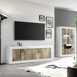 Garnero Arredamenti Mobile Tv Basso|Mobili Tv Moderni-Mobile porta TV 210x66h cm 2 ante 2 cassetti  bianco lucido pero Eternity Rovere - Bianco Lucido