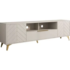 Garnero Arredamenti Mobile Tv Basso|Mobili Tv Moderni-Mobile porta TV 204x60h cm 2 ante 2 cassetti 2 vani a giorno beige con frontali serigrafati  Miriam
