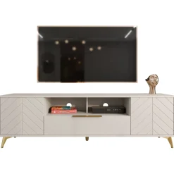 Garnero Arredamenti Mobile Tv Basso|Mobili Tv Moderni-Mobile porta TV 204x60h cm 2 ante 2 cassetti 2 vani a giorno beige con frontali serigrafati  Miriam