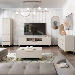 Garnero Arredamenti Mobile Tv Basso|Mobili Tv Moderni-Mobile porta TV 204x60h cm 2 ante 2 cassetti 2 vani a giorno beige con frontali serigrafati  Miriam