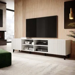 Garnero Arredamenti Mobile Tv Basso|Mobili Tv Moderni-Mobile porta TV 201x53h cm 4 ante cannettato bianco Essence Bianco Opaco