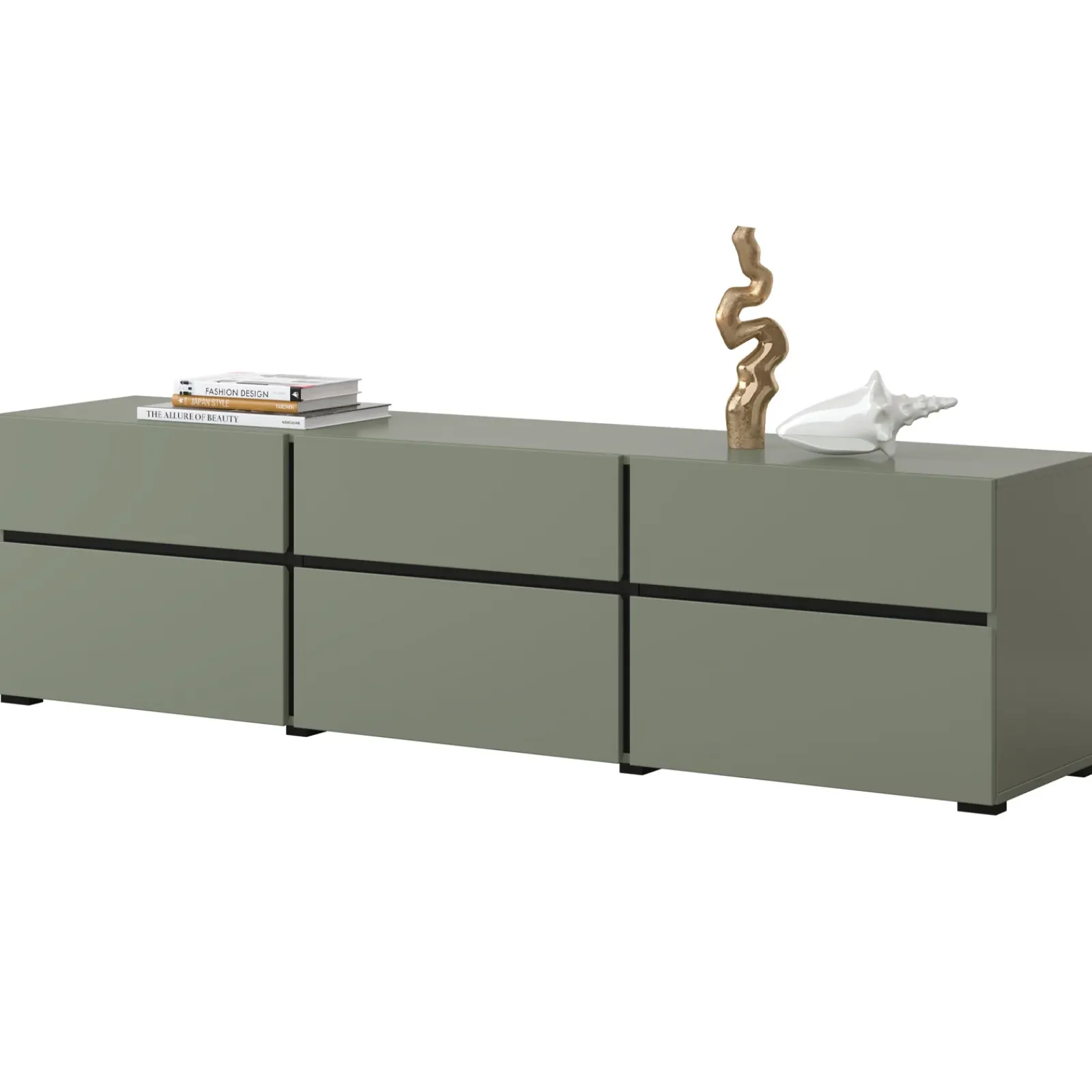 Garnero Arredamenti Mobile Tv Basso|Mobili Tv Moderni-Mobile porta TV 180x48h cm 3 ante a ribalta 3 cassetti verde nero Lolla Verde Salvia