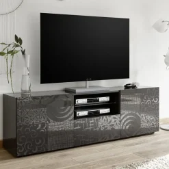Garnero Arredamenti Mobile Tv Basso|Mobili Tv Moderni-Mobile porta TV 181x57h cm 2 ante 1 cassetto soggiorno grigio laccato lucido Paradise Antracite