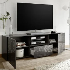Garnero Arredamenti Mobile Tv Basso|Mobili Tv Moderni-Mobile porta TV 181x57h cm 2 ante 1 cassetto soggiorno grigio laccato lucido Paradise Antracite