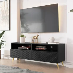 Garnero Arredamenti Mobile Tv Basso|Mobili Tv Moderni-Mobile porta TV 150x57h cm 2 ante 2 vani con frontali decorati nero Simona Nero Opaco