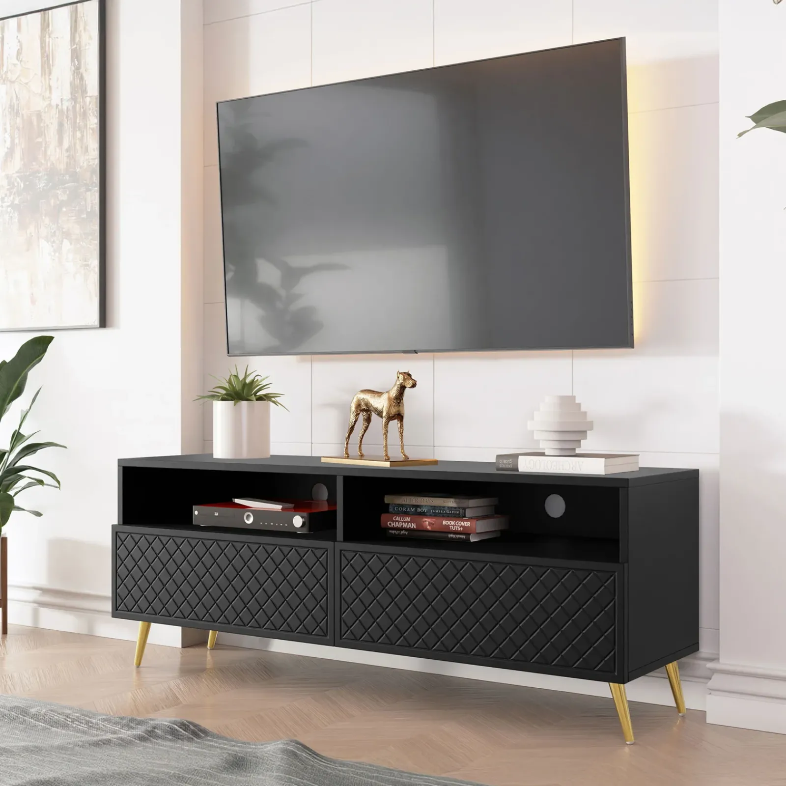 Garnero Arredamenti Mobile Tv Basso|Mobili Tv Moderni-Mobile porta TV 150x57h cm 2 ante 2 vani con frontali decorati nero Simona Nero Opaco