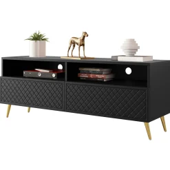 Garnero Arredamenti Mobile Tv Basso|Mobili Tv Moderni-Mobile porta TV 150x57h cm 2 ante 2 vani con frontali decorati nero Simona Nero Opaco