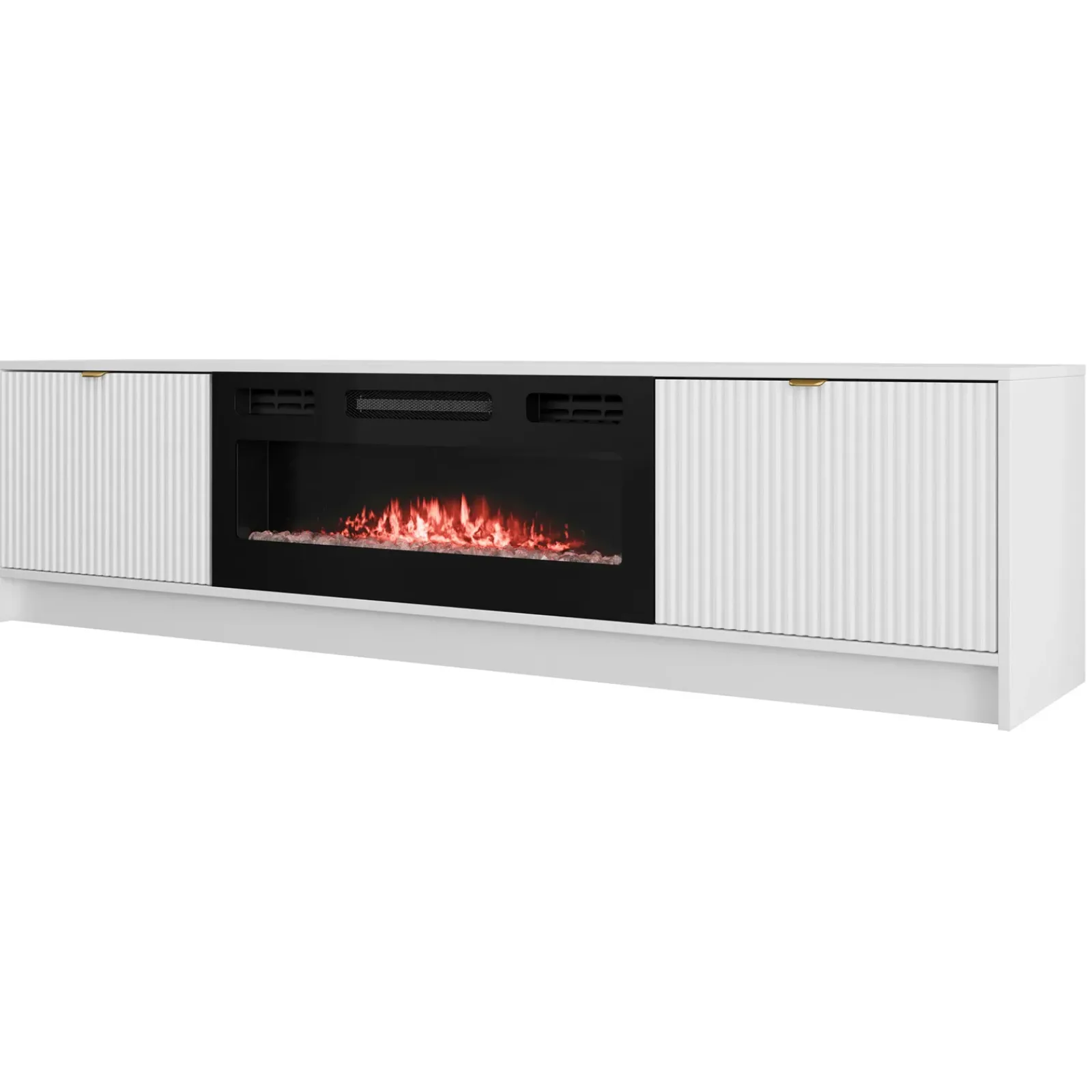 Garnero Arredamenti Camino Elettrico|Mobile Tv Sospeso-Mobile porta TV 182x48h cm 2 ante con caminetto bianco cannettato nero Athena Bianco Opaco