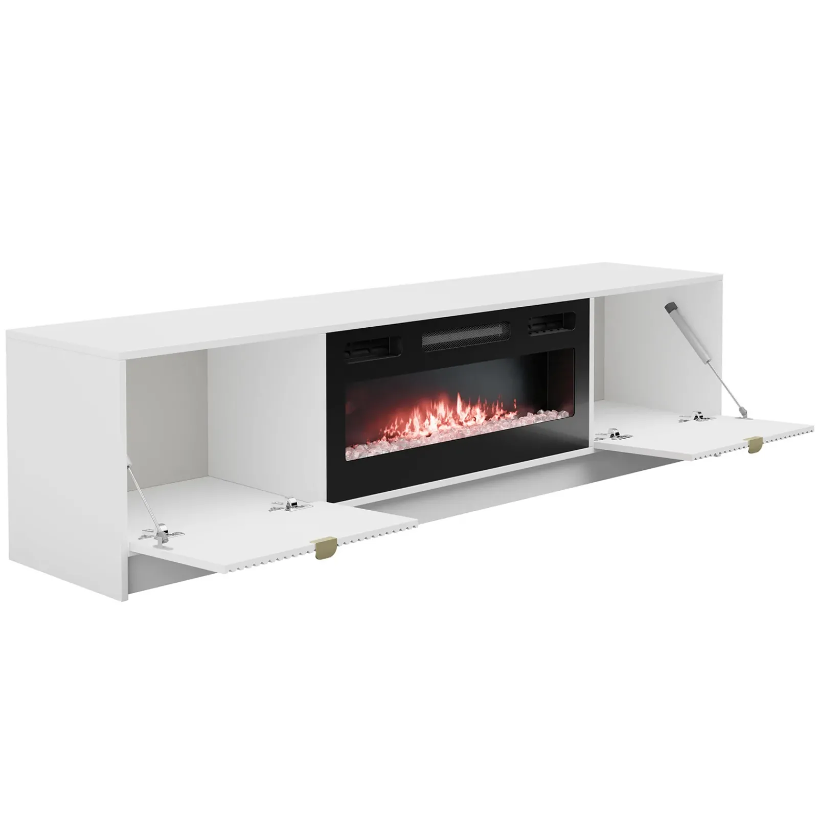 Garnero Arredamenti Camino Elettrico|Mobile Tv Sospeso-Mobile porta TV 182x48h cm 2 ante con caminetto bianco cannettato nero Athena Bianco Opaco