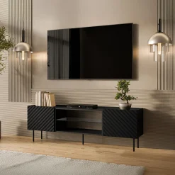 Garnero Arredamenti Mobile Tv Basso-Mobile porta TV 181x59h cm 2 ante 2 vani con frontali decorati nero Daniele Nero Opaco