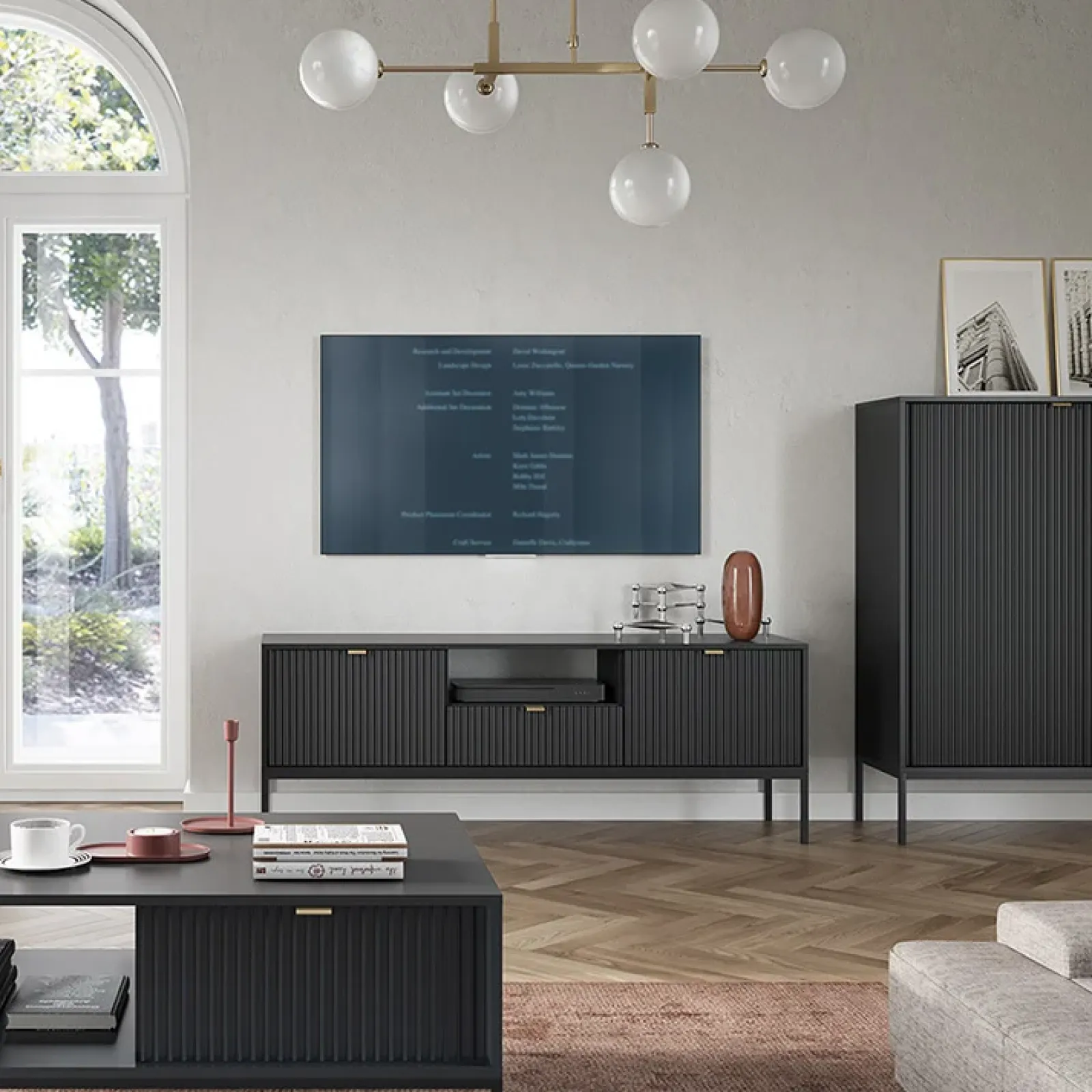 Garnero Arredamenti Mobile Tv Basso|Mobili Tv Moderni-Mobile porta TV 154x56h cm 2 ante moderno soggiorno nero Alisa Nero Opaco