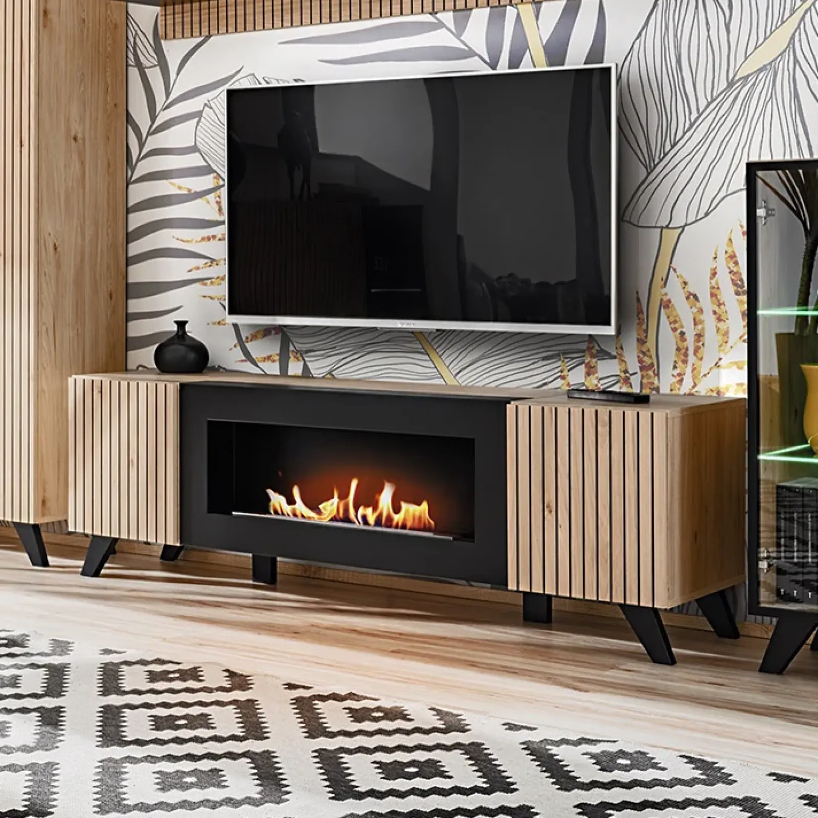 Garnero Arredamenti Camino Bioetanolo|Mobile Tv Basso-Mobile porta TV 160x52h cm 2 ante con biocamino noce con stampa nera Mendes