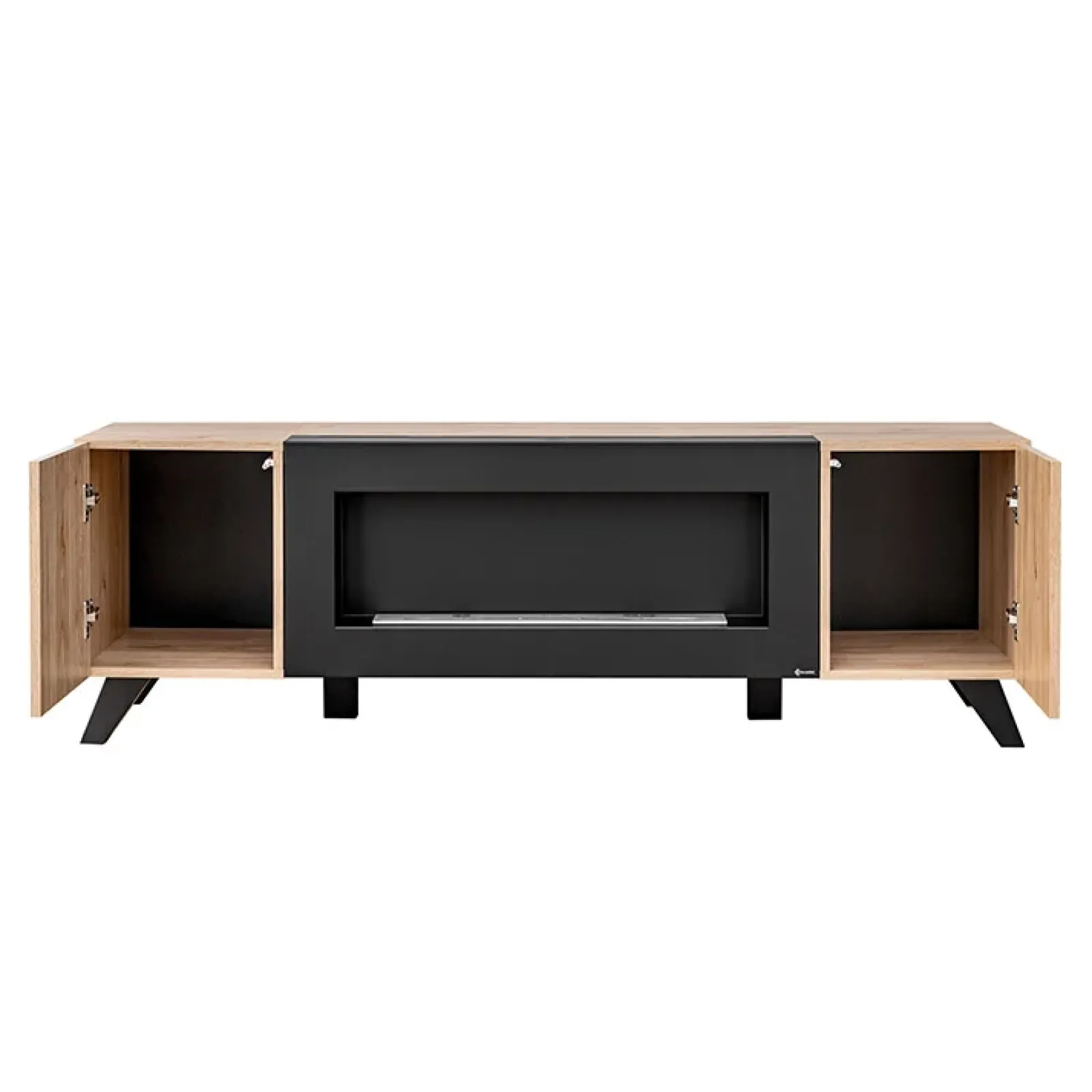 Garnero Arredamenti Camino Bioetanolo|Mobile Tv Basso-Mobile porta TV 160x52h cm 2 ante con biocamino noce con stampa nera Mendes