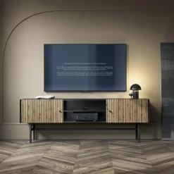 Garnero Arredamenti Mobile Tv Basso|Mobili Tv Moderni-Mobile porta TV 155x52h cm 2 ante nero rovere cannettato Eterna Nero Opaco - Rovere