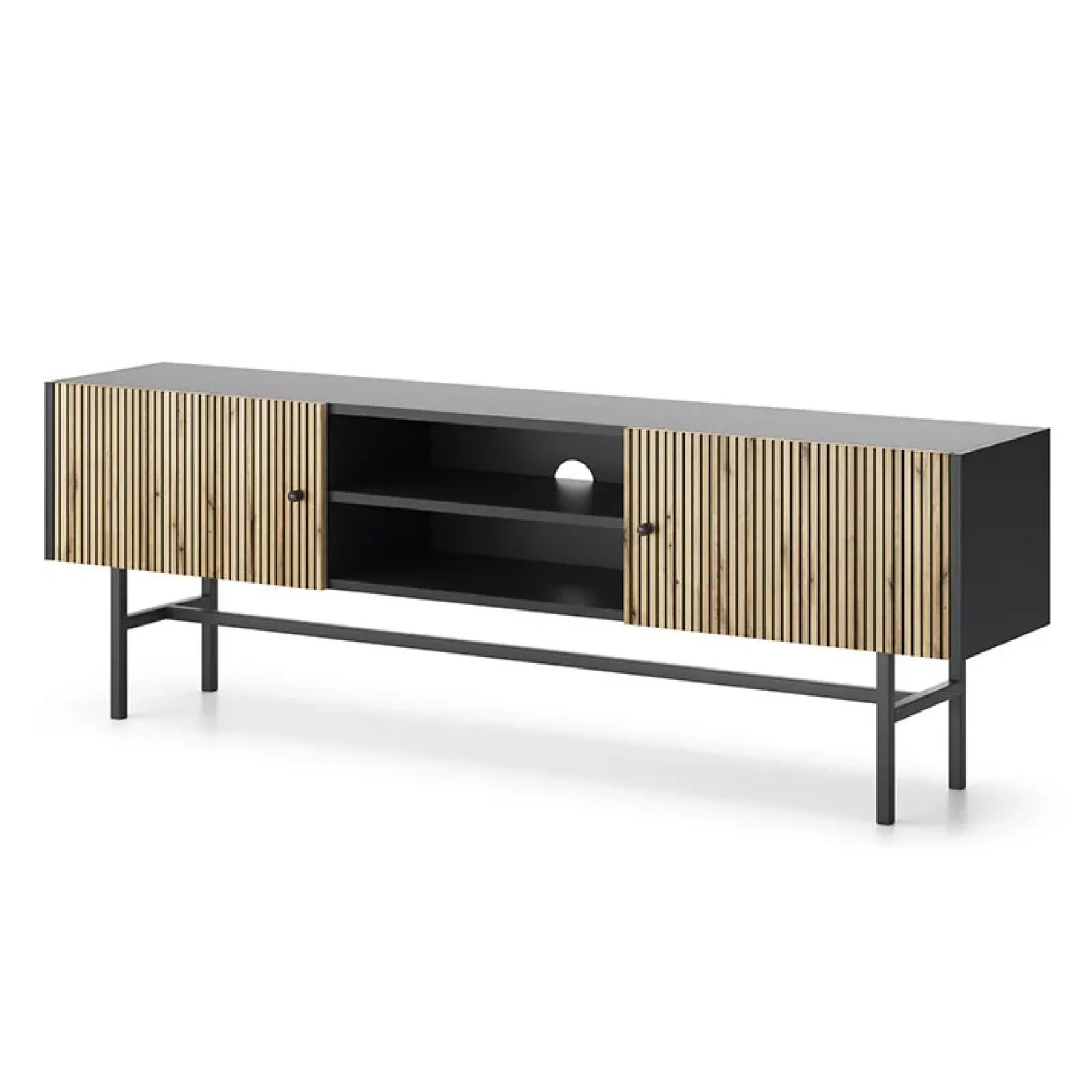 Garnero Arredamenti Mobile Tv Basso|Mobili Tv Moderni-Mobile porta TV 155x52h cm 2 ante nero rovere cannettato Eterna Nero Opaco - Rovere