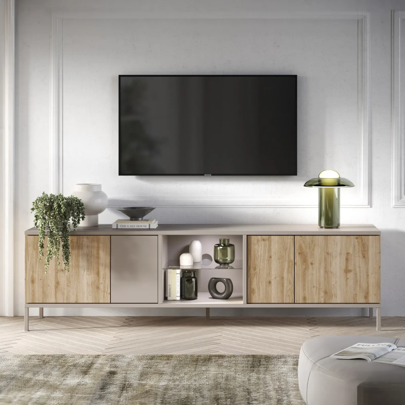 Garnero Arredamenti Mobile Tv Basso-Mobile porta TV 210x59h cm 4 ante 2 vani rovere chiaro beige Tony