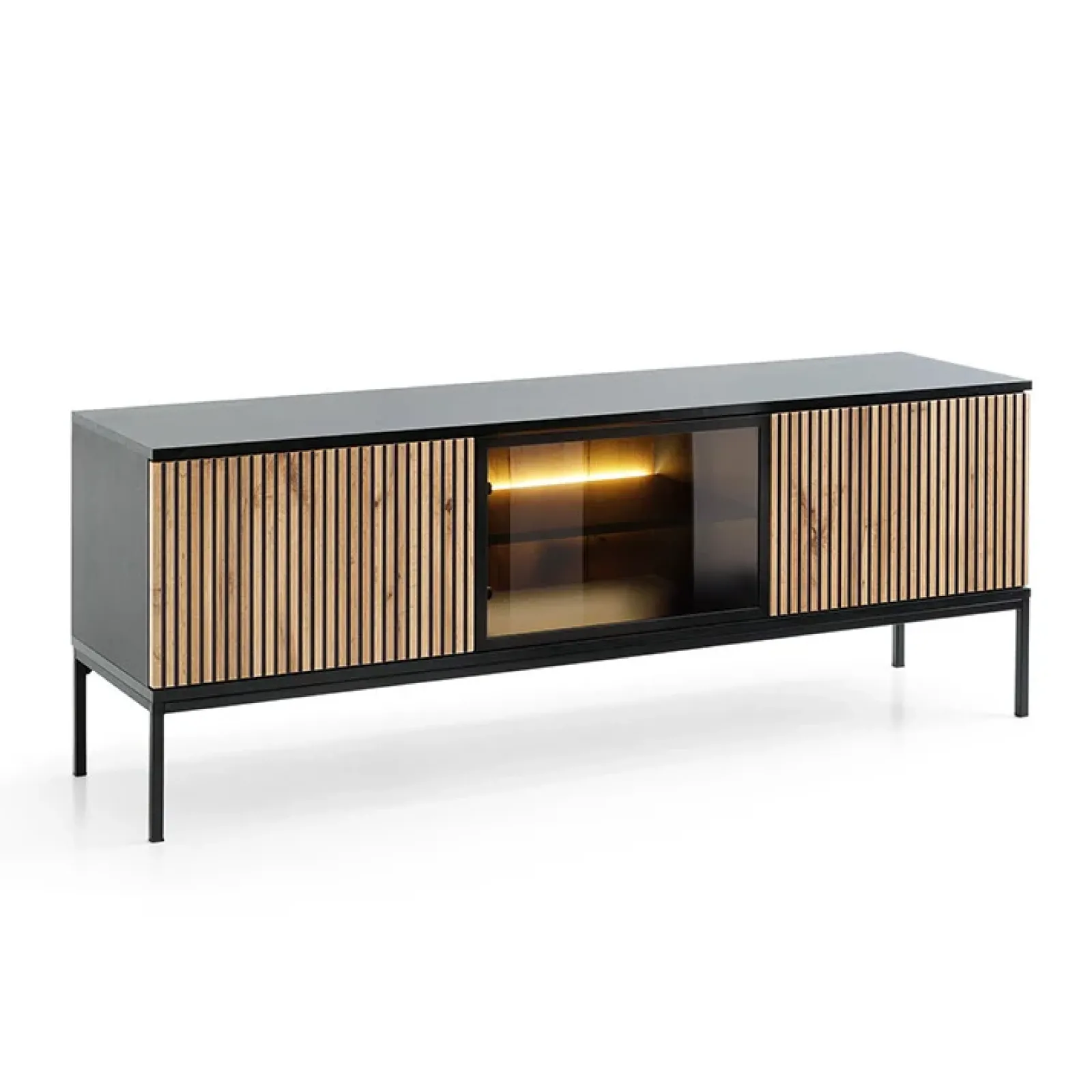 Garnero Arredamenti Mobile Tv Basso-Mobile porta TV 153x56h cm 3 ante moderno nero rovere antico cannettato Bali