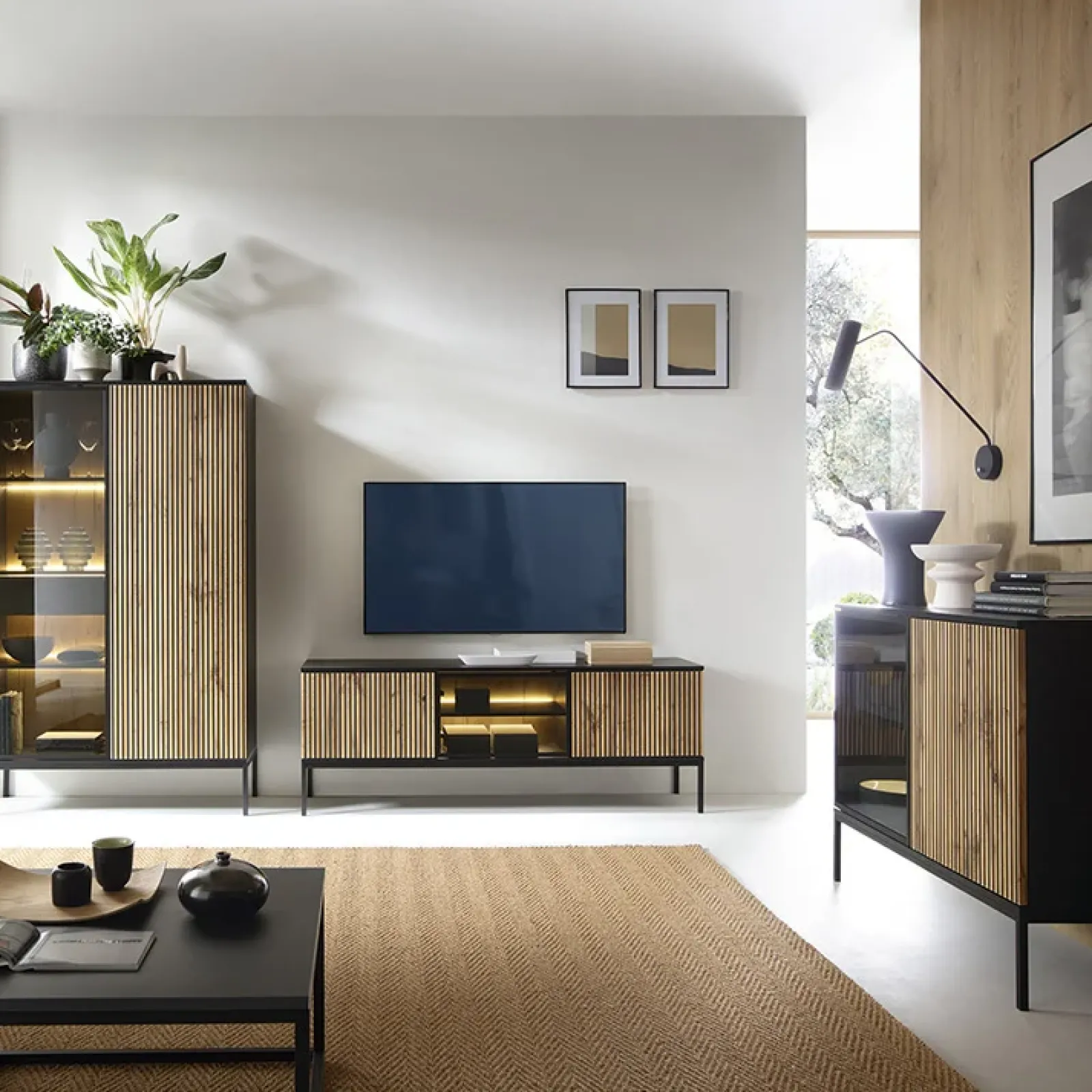 Garnero Arredamenti Mobile Tv Basso-Mobile porta TV 153x56h cm 3 ante moderno nero rovere antico cannettato Bali