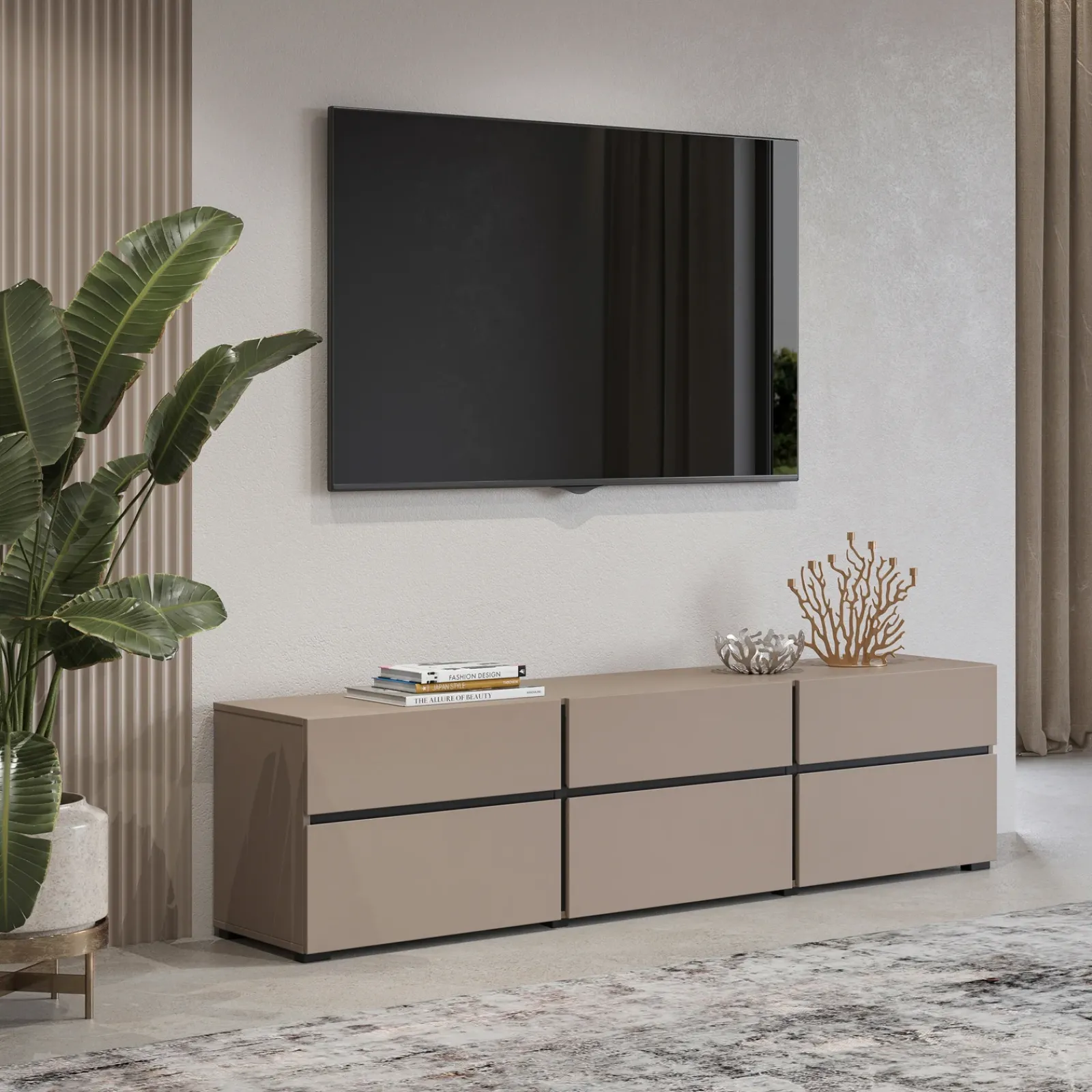 Garnero Arredamenti Mobile Tv Basso|Mobili Tv Moderni-Mobile porta TV 180x48h cm 3 ante a ribalta 3 cassetti nero Lolla Tortora