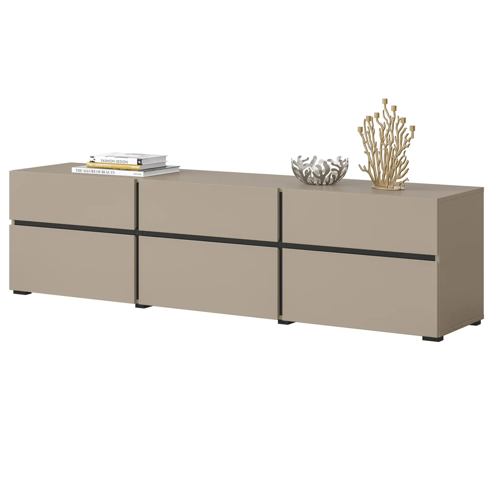 Garnero Arredamenti Mobile Tv Basso|Mobili Tv Moderni-Mobile porta TV 180x48h cm 3 ante a ribalta 3 cassetti nero Lolla Tortora