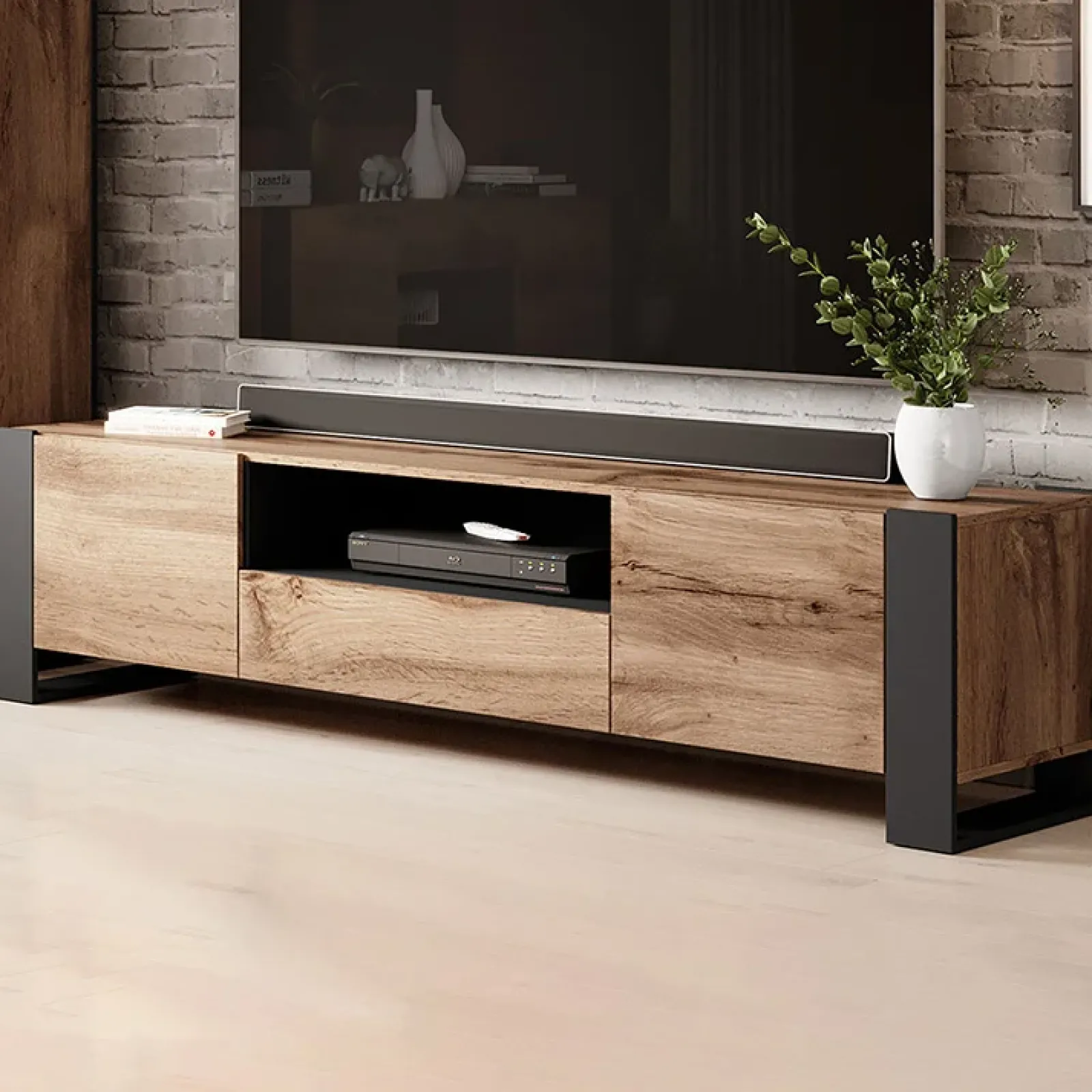 Garnero Arredamenti Mobile Tv Basso|Mobili Tv Moderni-Mobile porta TV 180x48h cm 2 ante 1 cassetto legno antracite Tampere