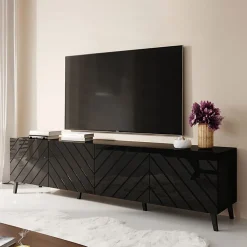 Garnero Arredamenti Mobile Tv Basso|Mobili Tv Moderni-Mobile porta TV 200x52h cm 4 ante con frontale decorato Placida Nero Lucido