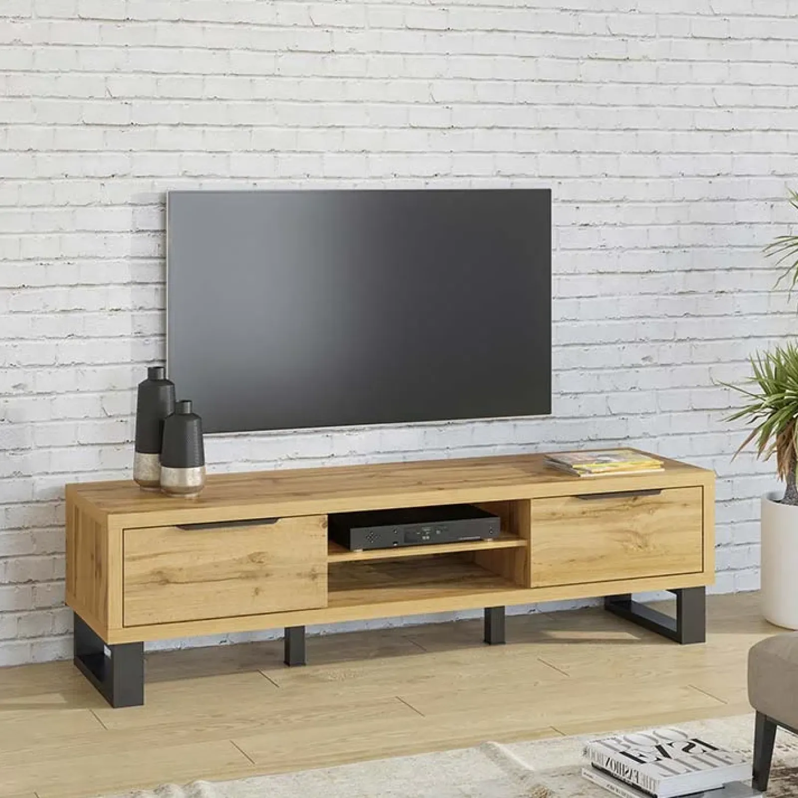Garnero Arredamenti Mobile Tv In Legno|Mobile Tv Basso-Mobile porta TV 180x50h cm 2 ante soggiorno quercia metallo nero Petra