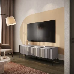 Garnero Arredamenti Mobili Tv Moderni|Mobile Tv Moderno-Mobile porta TV 167x56h cm 2 ante led cannettato nero Camelia Grigio