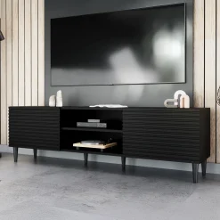Garnero Arredamenti Mobili Tv Moderni|Mobile Tv Moderno-Mobile porta tv 180x53h cm 2 ante 2 vani a giorno cannettato nero Flippo