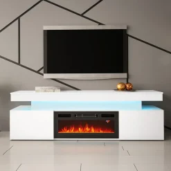 Garnero Arredamenti Camino Elettrico|Mobile Tv Basso-Mobile porta TV 190x59h cm 2 ante con caminetto con LED bianco Lumus Bianco Lucido