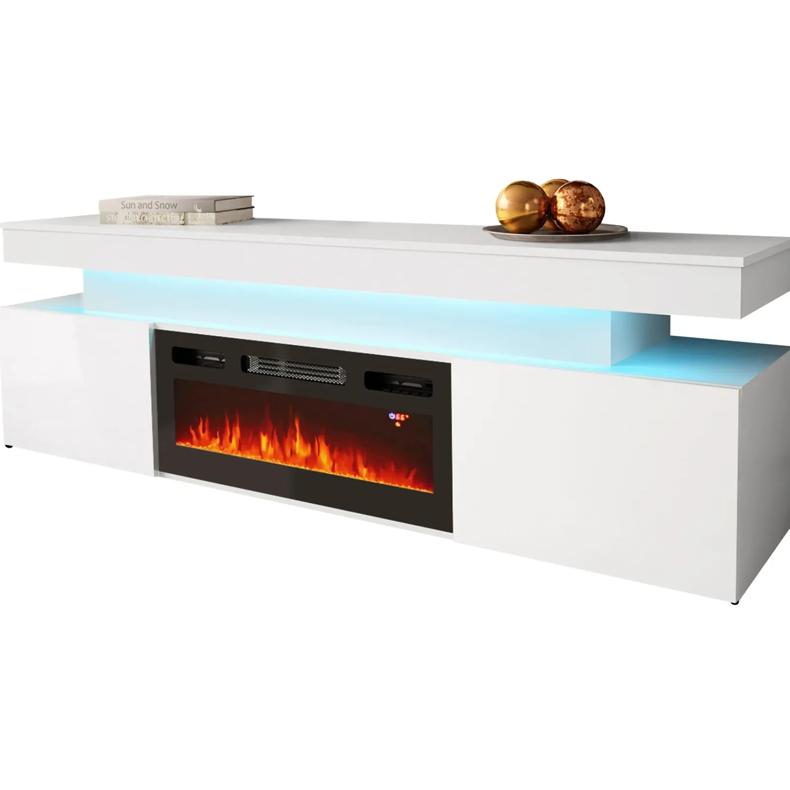 Garnero Arredamenti Camino Elettrico|Mobile Tv Basso-Mobile porta TV 190x59h cm 2 ante con caminetto con LED bianco Lumus Bianco Lucido