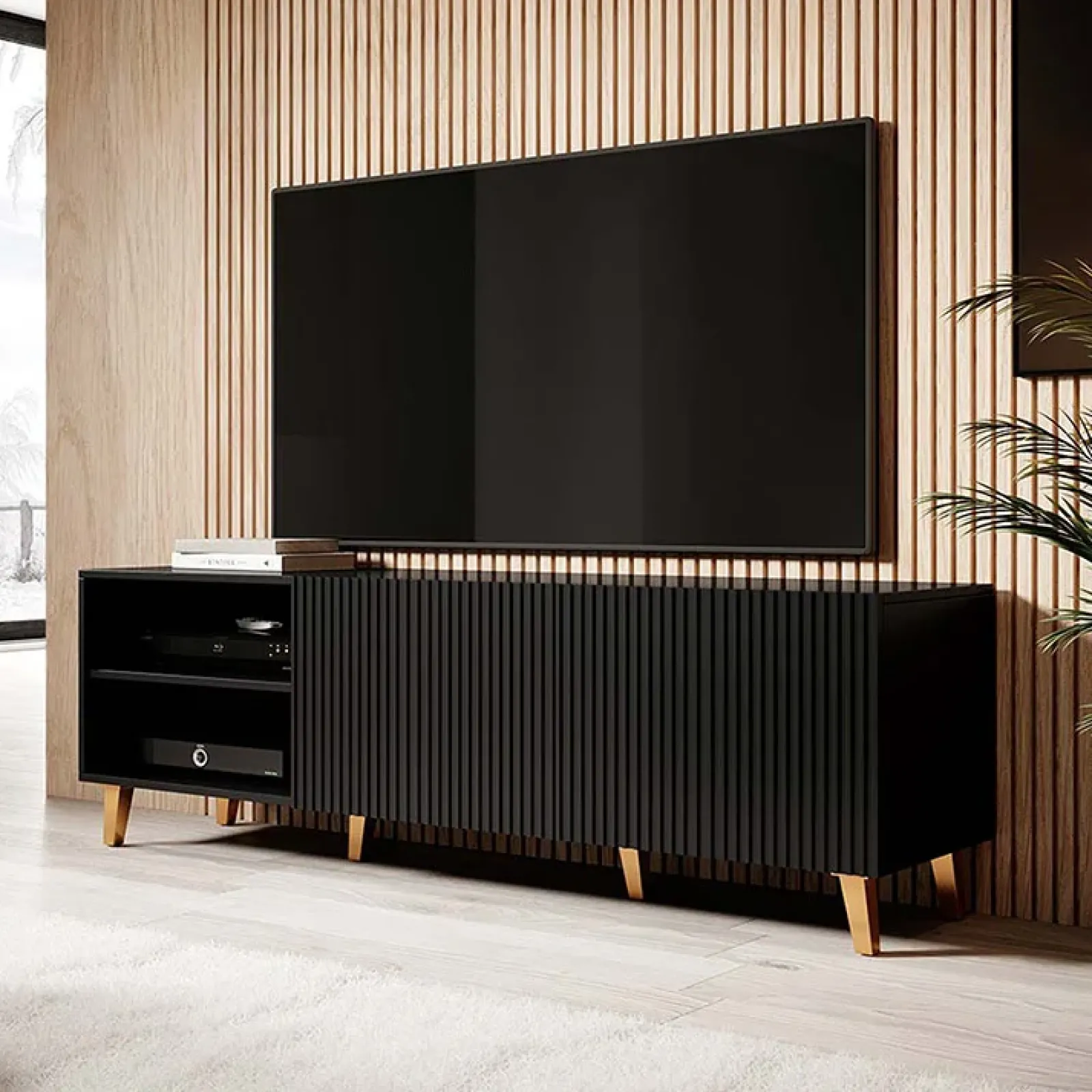 Garnero Arredamenti Mobile Tv Basso|Mobili Tv Moderni-Mobile porta TV 150x52h cm 2 ante cannettato nero Essence Nero Opaco