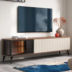 Garnero Arredamenti Mobile Tv Sospeso-Mobile porta tv 180x50h cm 3 ante con LED cannettato noce beige Evelina