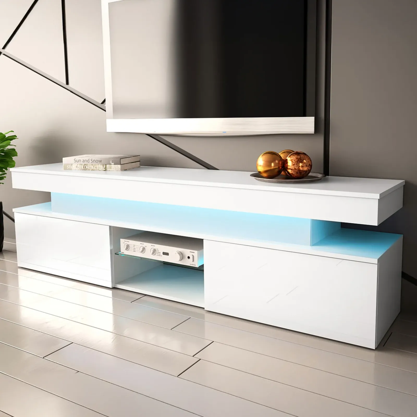 Garnero Arredamenti Mobile Tv Basso|Mobili Tv Moderni-Mobile porta TV 190x54h cm 2 ante con LED bianco Lumus Bianco Lucido