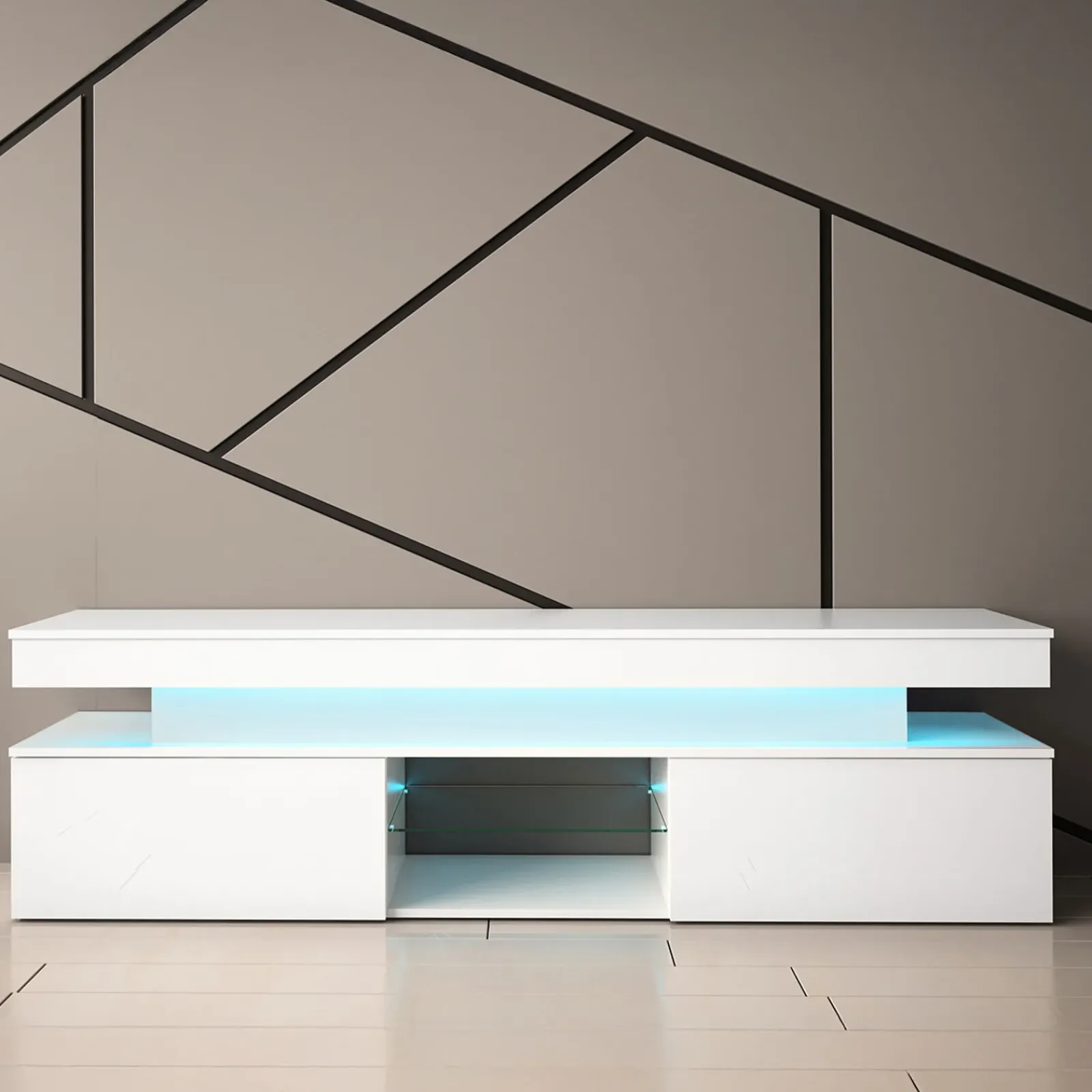 Garnero Arredamenti Mobile Tv Basso|Mobili Tv Moderni-Mobile porta TV 190x54h cm 2 ante con LED bianco Lumus Bianco Lucido