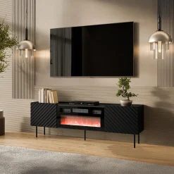 Garnero Arredamenti Camino Elettrico|Mobile Tv Basso-Mobile porta TV 181x59h cm 2 ante con caminetto con frontali decorati nero Daniele Nero Opaco