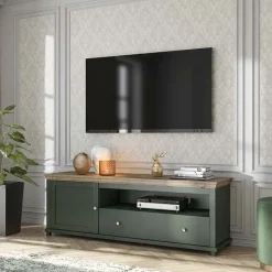 Garnero Arredamenti Mobile Tv In Legno|Mobile Tv Basso-Mobile porta TV 181x61h cm 1 anta 1 cassetto moderno scuro quercia Texel Verde
