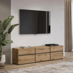 Garnero Arredamenti Mobile Tv In Legno|Mobile Tv Basso-Mobile porta TV 180x48h cm 3 ante a ribalta 3 cassetti nero Lolla Rovere