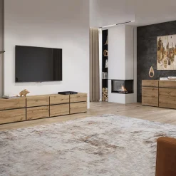 Garnero Arredamenti Mobile Tv In Legno|Mobile Tv Basso-Mobile porta TV 180x48h cm 3 ante a ribalta 3 cassetti nero Lolla Rovere