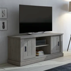 Garnero Arredamenti Mobili Tv Moderni|Mobile Tv Moderno-Mobile porta TV 145x60h cm 2 ante scorrevoli 2 vani a giorno nero Islen Rovere Grigio