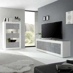 Garnero Arredamenti Mobile Tv Basso|Mobili Tv Moderni-Mobile porta TV 210x66h cm 2 ante 2 cassetti bianco lucido cemento Eternity Bianco Lucido - Cemento