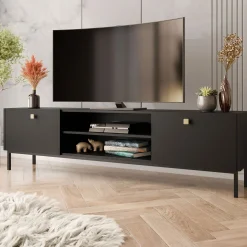 Garnero Arredamenti Mobile Tv Basso|Mobili Tv Moderni-Mobile porta TV 180x48h cm 2 ante 2 vani Giuggiola Nero Opaco